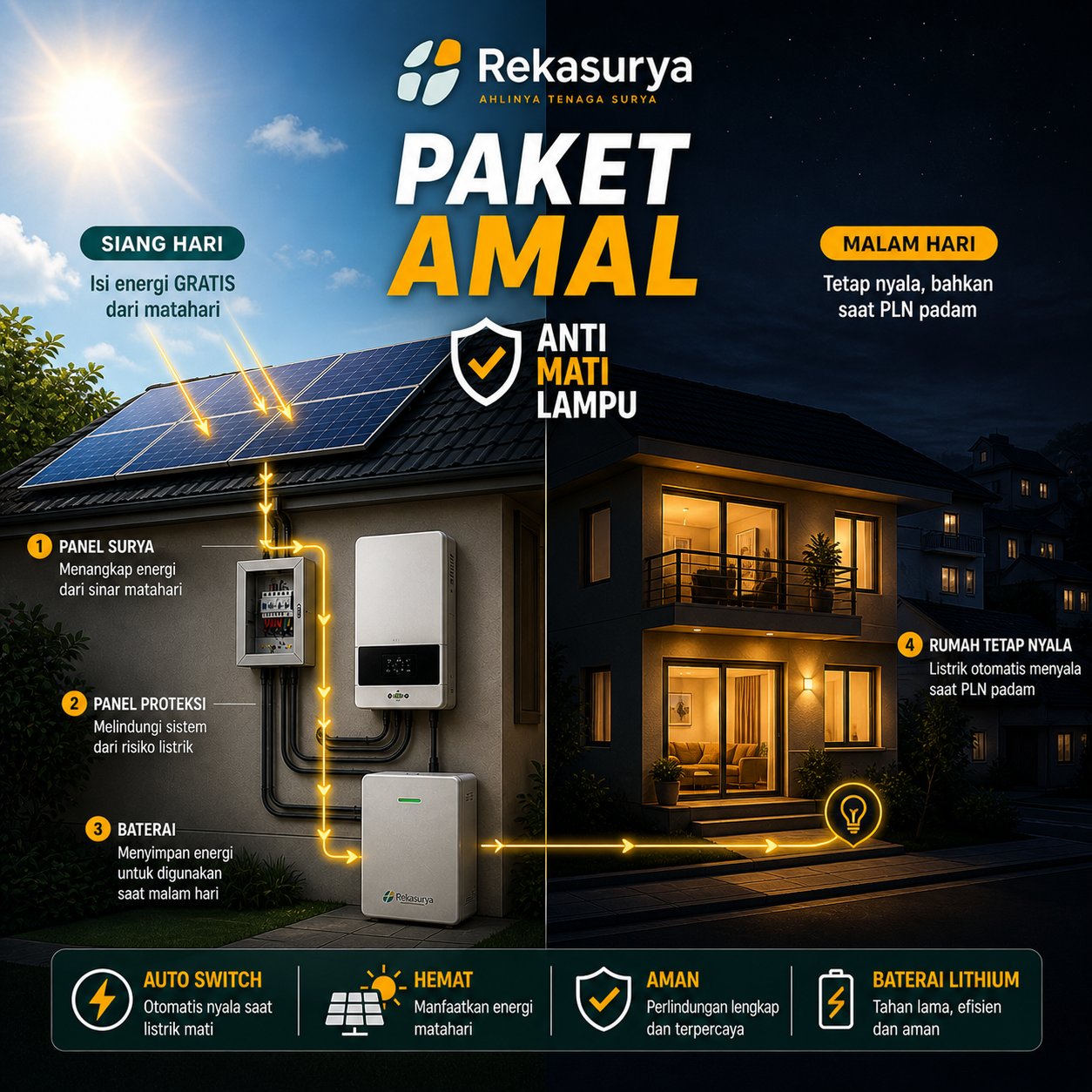 Diagram lengkap Paket AMAL Rekasurya — alur sistem dari panel surya, panel proteksi, baterai lithium, hingga rumah tetap nyala saat siang & malam