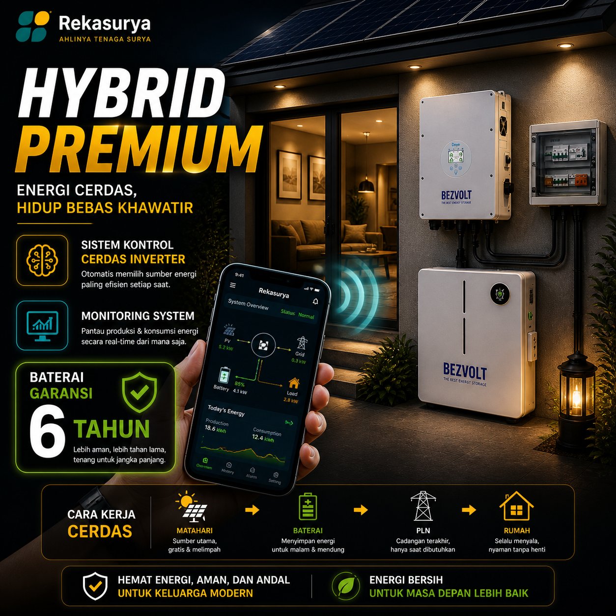 Rekasurya Hybrid Premium — Energi Cerdas, Hidup Bebas Khawatir. Sistem kontrol cerdas inverter, monitoring system real-time, baterai garansi 6 tahun. Cara kerja: Matahari → Baterai → PLN → Rumah.
