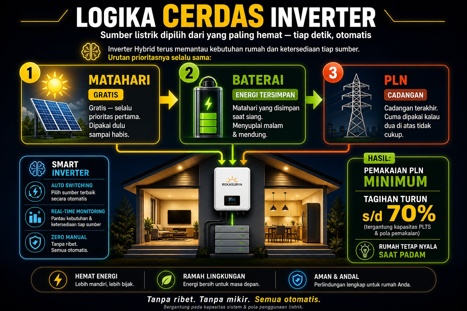 Logika Cerdas Inverter Rekasurya — Sumber listrik dipilih dari yang paling hemat: Matahari (gratis) → Baterai (energi tersimpan) → PLN (cadangan). Hasil: pemakaian PLN minimum, tagihan turun s/d 70%.