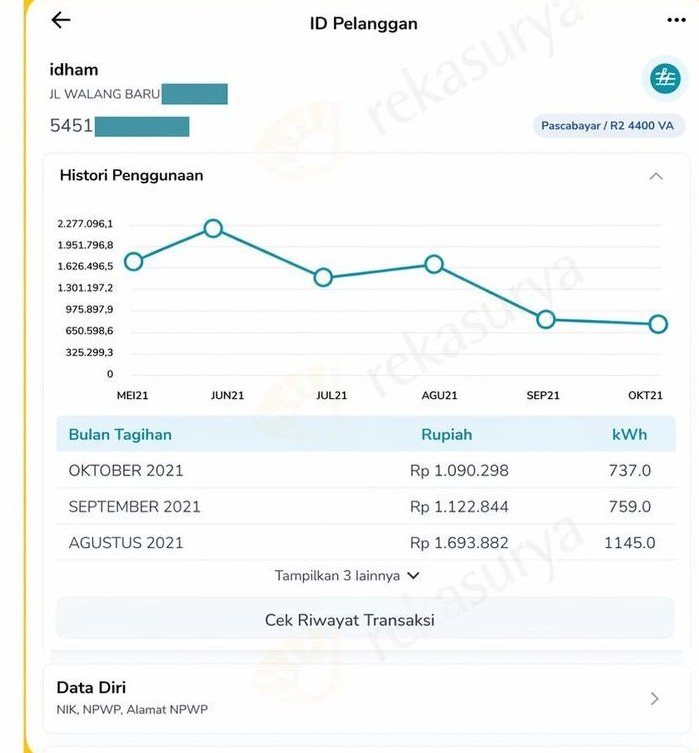 Riwayat tagihan PLN Bu Idham (R2 4.400 VA, Jl Walang Baru) — sebelum pasang PLTS Hybrid Rekasurya: tagihan Rp 1,6–2,2 juta, sesudah pasang turun ke Rp 1 juta-an