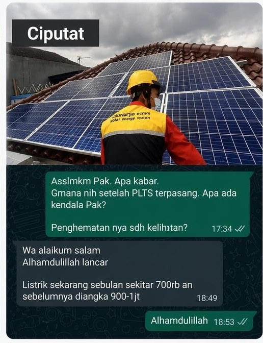 Testimoni WhatsApp customer Rekasurya dari Ciputat — listrik turun dari Rp 900rb–1jt jadi Rp 700rb per bulan