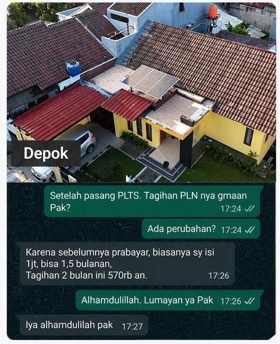 Testimoni WhatsApp customer Rekasurya dari Depok — tagihan PLN 2 bulan jadi 570rb, sebelumnya 1jt/1,5 bulan
