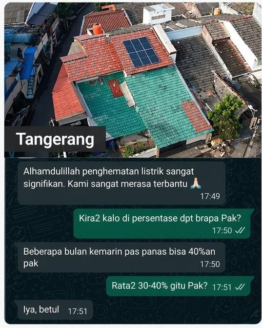 Testimoni WhatsApp customer Rekasurya dari Tangerang — penghematan listrik 30-40% per bulan setelah PLTS Hybrid terpasang